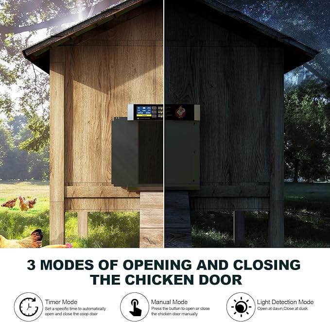 Chicken Coop Door, Automatic Chicken Coop Door Opener, Large LCD Display with Timer & Light Sensor, Anti-Pinch Protection
