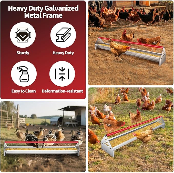 RYFT Chicken Feeding Trough 45", Heavy Duty Galvanized Steel Chicken Feeder with Red Crossbar, Holds 12 Chickens with Drainage Holes, Large Capacity Poultry Feeder Trough for Duck Geese Turkey Pigeon