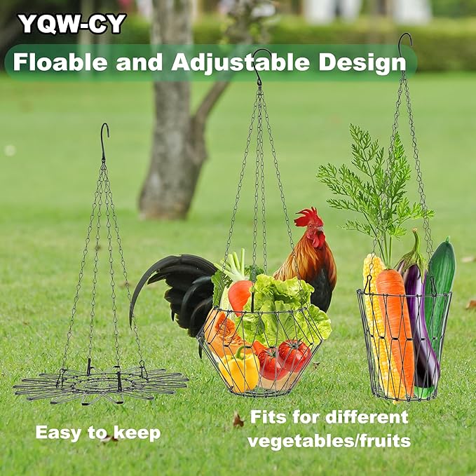 Hanging Chicken Feeder with Shepherd's Hook, Foldable Chicken Vegetable Fruits Feeder, Poultry Feeding Holder Basket with Hanging Chain for Chicken Coop Accessory