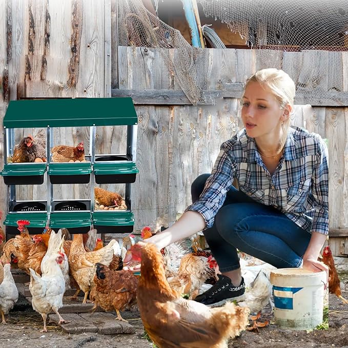Chicken Nesting Boxes, 6 Holes Metal Chicken Egg Laying Box with Swing Perch and Rollout Egg Collection,for Various Chicken Breeds with Stand - Green 0.6mm