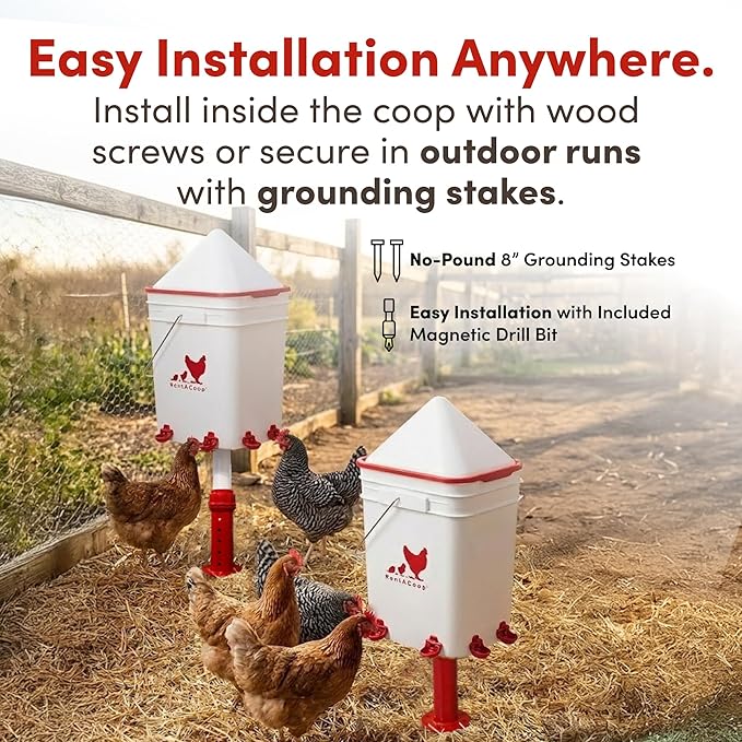 RentACoop 5 Gallon Chicken Waterer, BPA-Free Plastic Bucket Waterer Set with 4 Horizontal Nipples, Large Capacity Poultry Waterer - Corner Placement