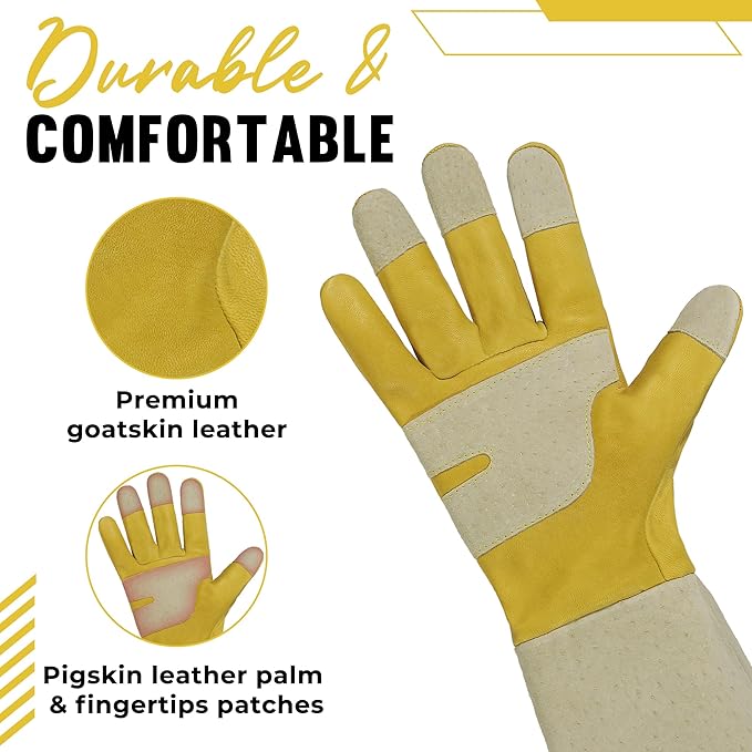 HANDLANDY Rose Pruning Gardening Gloves for Men Women, Thorn Proof Forearm Protection Leather Garden Gloves, Gardening Gifts for Gardeners (Butter Yellow, Medium)