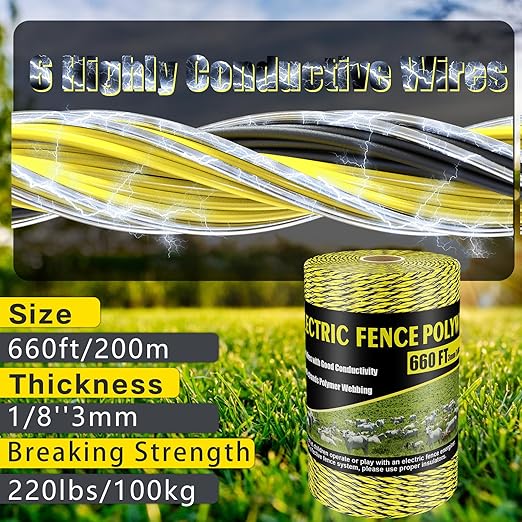 Upgrade Electric Fence Polywire 660FT,200 Meters, 6 Stainless Steel Strands for Reliable Conductivity, Portable Electric Fencing, UV Resistant, Rust Resistant, Highly Conductive, Easy to Install