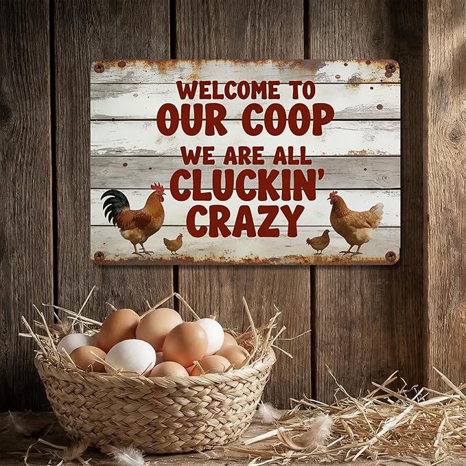 Funny Chicken Metal Sign Outdoor, Aluminum Farmhouse Wall Decor for Coop Door or Yard Area, Fluffy Humor Country Living Style, Rustic 8x12 Inch Gift