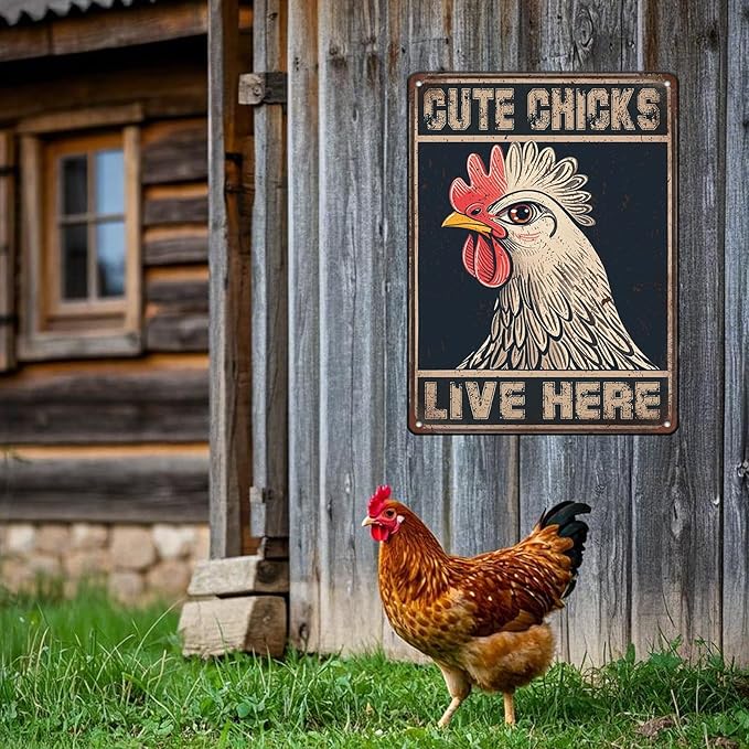 Chicken Signs For Coop Funny Outdoor - Cute Chicks Live Here Iron Sign Poster Chicken Sign Home Decor Garage Bar Restaurant Kitchen Cafe Bar Pub 12x16 Inch Wall Art Decor