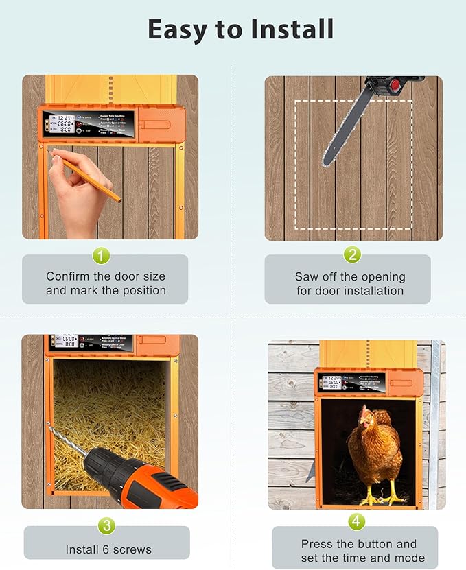Automatic Chicken Coop Door Solar Powered, Size 14.2″ x 10.8″, Orange Aluminum Alloy Chicken Coop Door Design with USB-C Charging & 3 Modes, Auto Chicken Door with Remote Control, Anti-Pinch