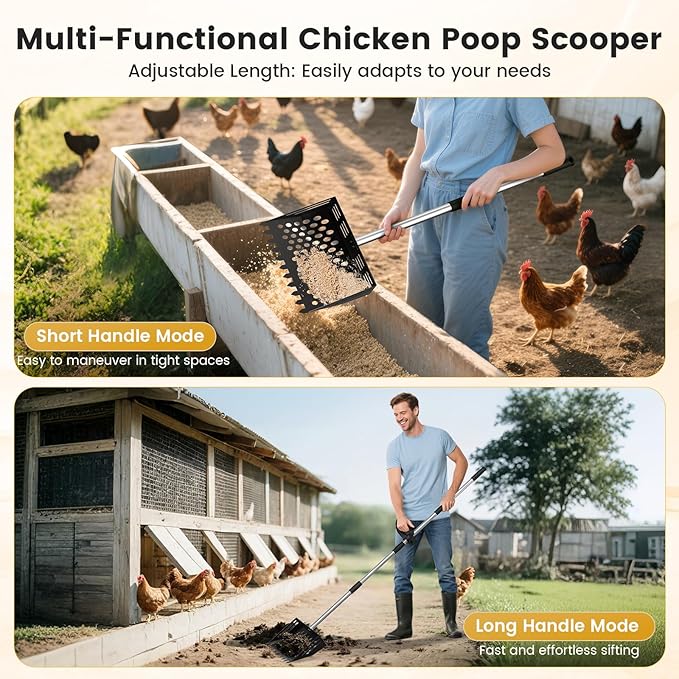 2-in-1 Chicken Poop Scooper & Rake, 38 to 66" Adjustable Stainless Steel Chicken Coop Scoop for Sand Chicken Litter Scoop with Handle Litter Sifting Shovel for Chicken Coops & Pet Waste