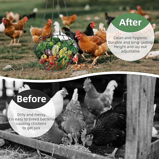 2 PCS Hanging Chicken Feeder Foldable Poultry Vegetable & Fruit Feeder Basket with Adjustable Chain, Durable Iron Wire Chicken Toys for Coop 2 Pack M