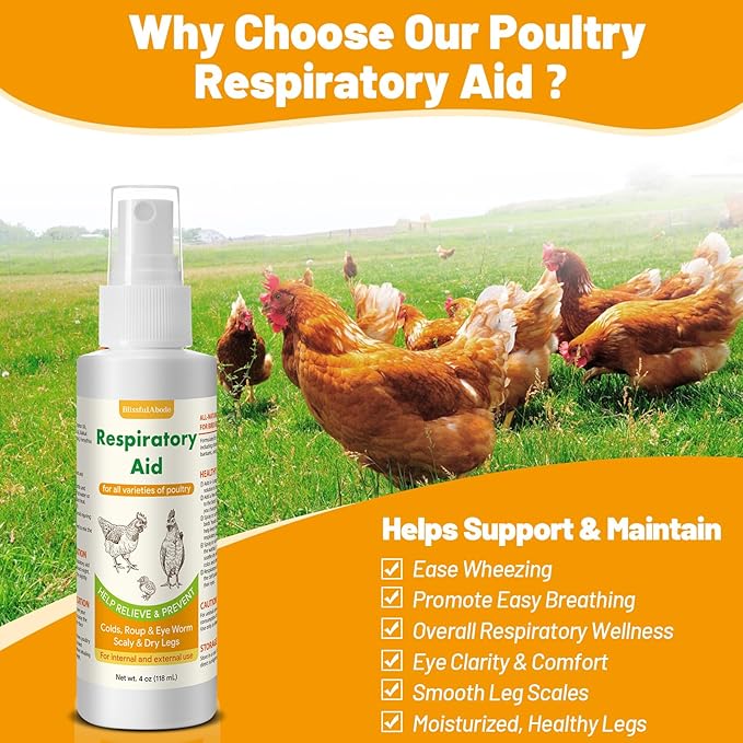 Respiratory Aid for Chicken, Poultry Supplement for Coughing, Sneezing & Nasal Relief, All-Bird Safe Formula, Drinking Water Additive, Dropper & Spray Top Included, 4Oz (118ml) Natural Liquid
