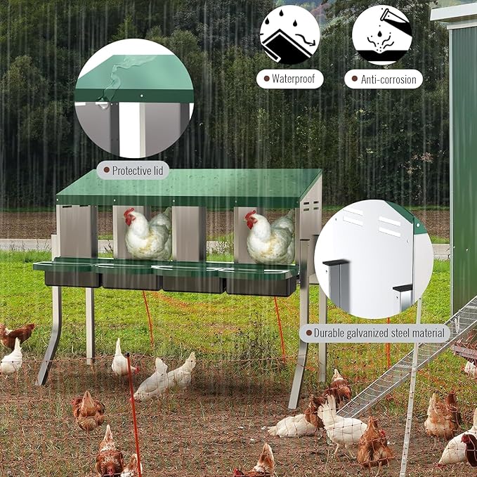 Chicken Nesting Boxes for Laying Eggs - 4 Compartment Roll Away Nesting Box for Chickens Coop with Adjustable Legs,Chicken Perch ＆ Roll Out Egg Tray,Curtains and 4 Fake Eggs Help Hen for Laying Eggs