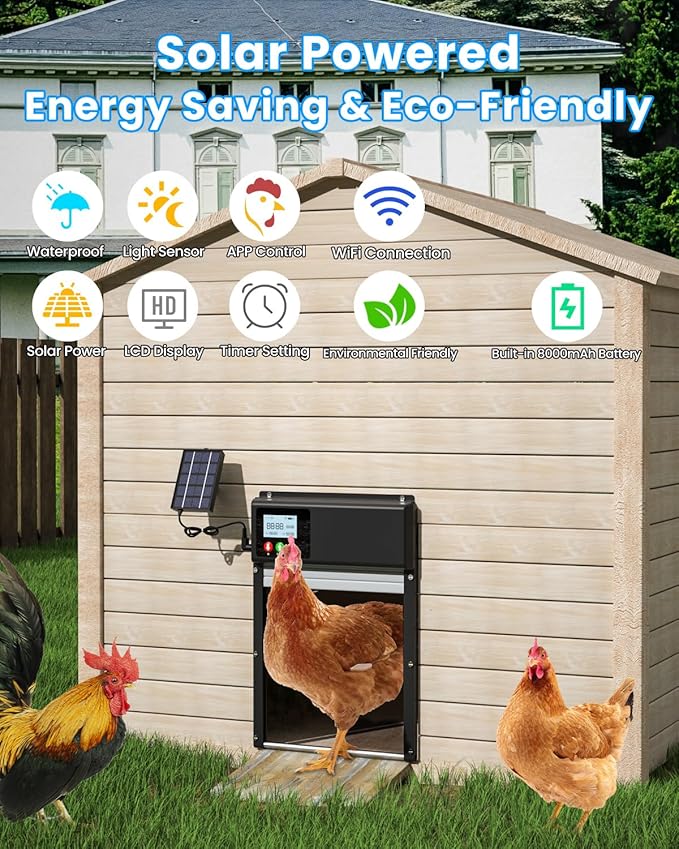 2026 New WiFi Chicken Coop Door Solar Powered with APP Control, Automatic Chicken Coop Door Timer & Light Sensor, Auto Chicken Coop Door Opener, Solar Chicken Coop Door Anti-Pinch Design LCD Display