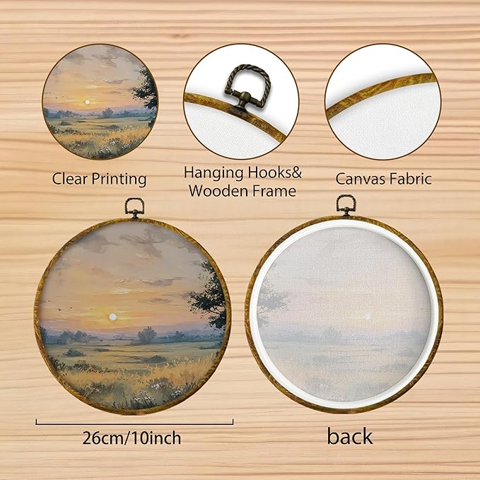 Hiuwevt Vintage Farmhouse Nature Round Wall Art Decor, Country Sunset Landscape Framed Canvas Prints, Rustic Cottagecore Round Wall Hanging Decor for Home Bedroom Living Room Decorations, 10x10 Inches