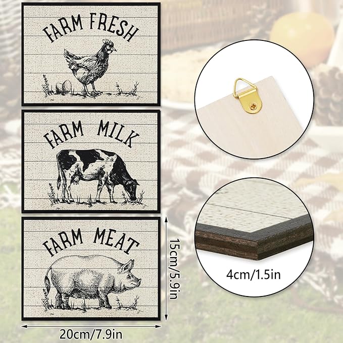 AnyDesign 3Pcs Farm Animal Wooden Hanging Sign Cow Rooster Pig Wood Sign Rustic Farmhouse Kitchen Wall Art Decor for Home Kitchen Wall Decor