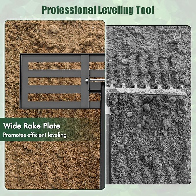 Happygrill Lawn Leveling Rake, Heavy Duty Lawn Level Tool for Soil w/67” Handle, Dirt Ground Leveler, Effort-Saving Landscape Rake for Garden, Backyard, Golf Course, Farm, Pasture (30" x 10", Black)