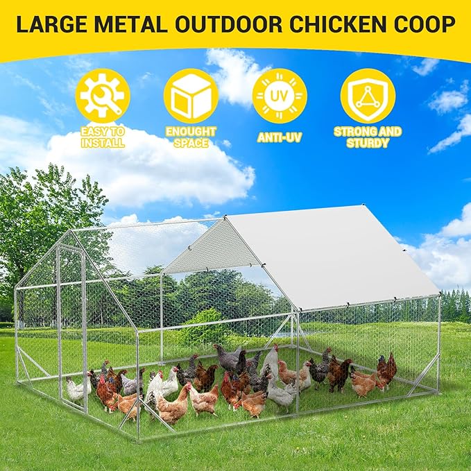 GarveeLife Large Chicken Coop, Metal Chicken Run with Anti-Ultraviolet Waterproof Cover, Spire Roof Walk in Poultry Cage, Outdoor Chicken Pen for Backyard and Farm Use 9.8 ft x 13.1 ft x 6.6 ft