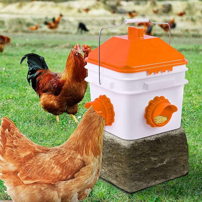 GUEOQTC-10 Pounds Chicken Feeder with 4 Ports, Rainproof Poultry Feeder for Up to 10 Adult Chickens or 15 Chicks（Patented Products）