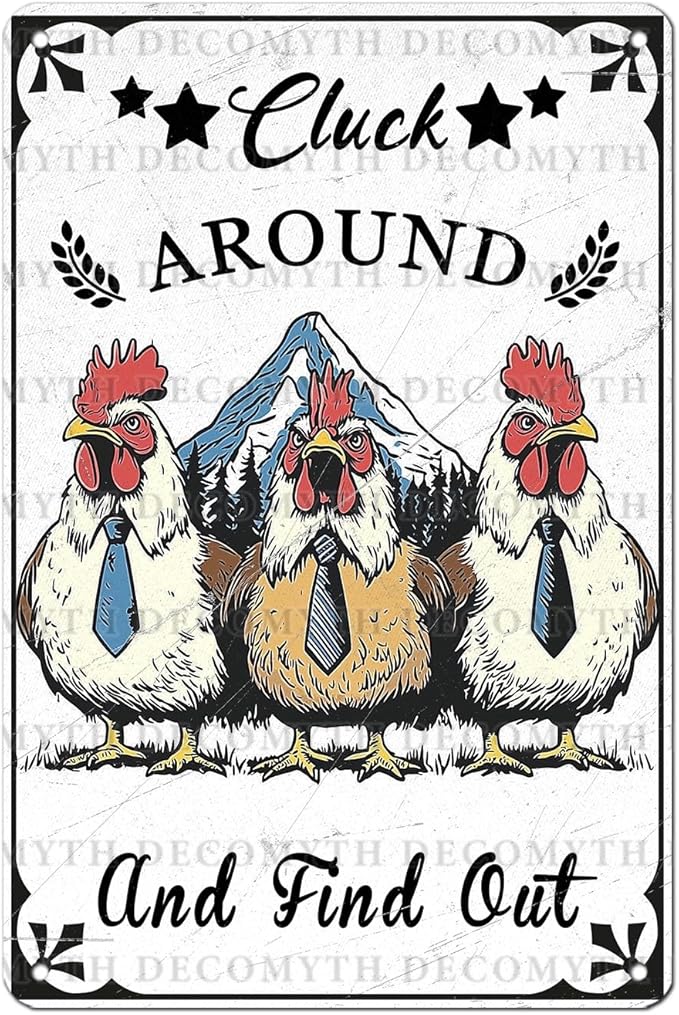 Vintage Chicken Coop Tin Sign Chicken Cluck Around And Find Out Retro Rooster Metal Poster Funny Pet Lovers Wall Art Decorations for Bar Farmhouse Garden Plaque 12 * 8inch
