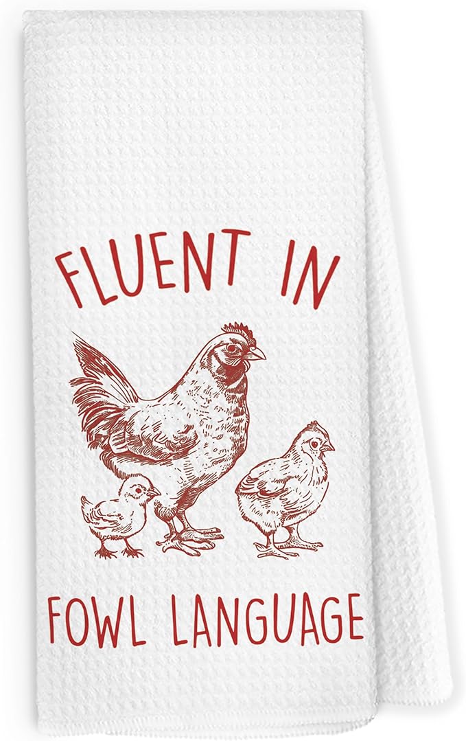 Funny Chicken Kitchen Dish Towels 16x24 Inch, Red Crazy Chicken Gifts for Chicken Lover Chicken Mom, Fluent in Fowl Language Decorative Hand Towels Tea Towels for Farmhouse Home