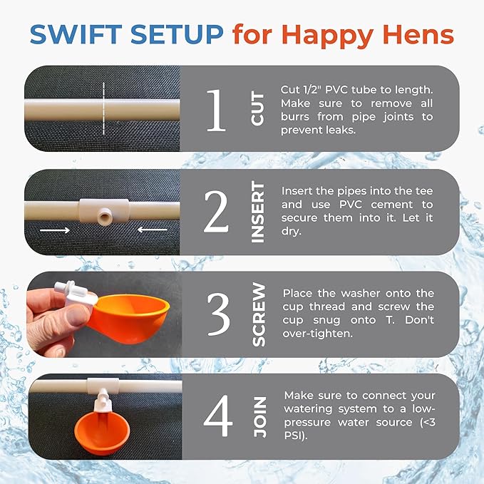Lil'Clucker Large Automatic Chicken Waterer Cups with 1/2" PVC Tee Fittings - Chicken Water Cups, Chicken Water Feeder, for Chicks, Duck, Goose, Turkey - Poultry Waterer Feeder Kit (Orange, 8-Pack)