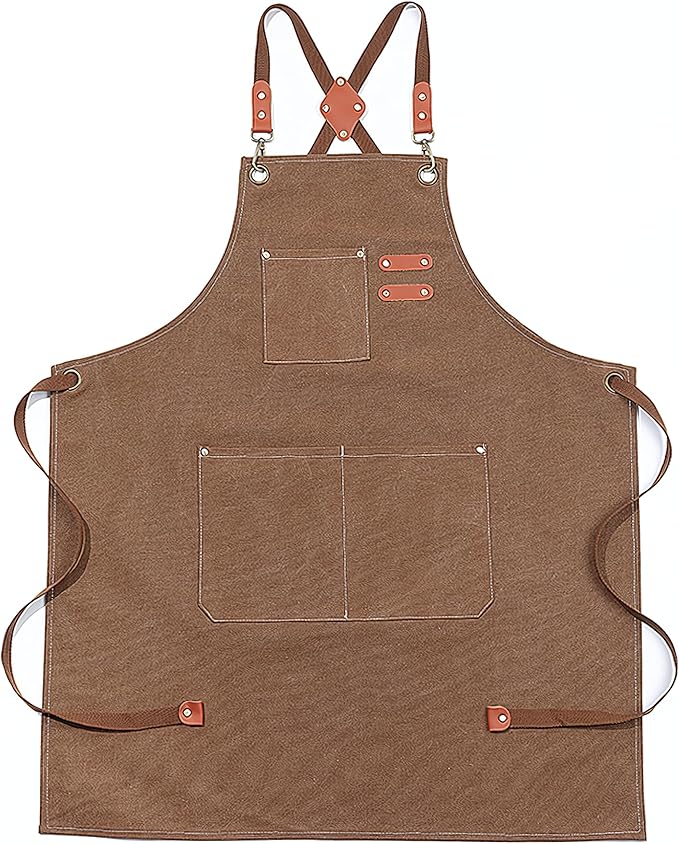 Multi-Pocket Waterproof Oil-Proof Canvas Cotton Apron Cross-Back Adjustable Straps For Chefs Barbers Carpenters