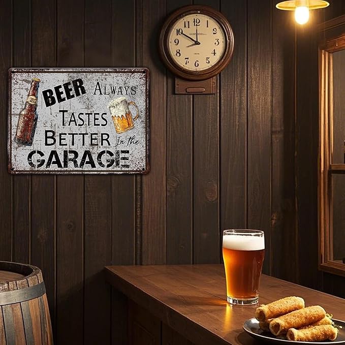 Vintage Beer Always Tastes Better in the Garage Metal Tin Sign 12x16 Inch Beer Metal Poster Beer Iron Tin Sign Home Kitchen Garden Bar Pub Restaurant Bathroom Are Wall Decor