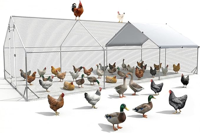 Large Chicken Coop Metal Chicken Runs for Yard 20x10x6.5 ft Chicken Coop with Cover Gallinero para Gallinas Heavy Duty Chicken Cage Rabbit Duck Quail Coop Lockable Door with Waterproof Anti-UV Cover