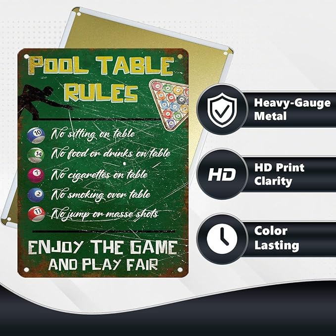 Retro Pool Table Rules Tin Sign Vintage Metal Poster Nostalgic Wall Art Bar Pub Man cave Shop Living Room Bedroom Game Room 16 * 12 In