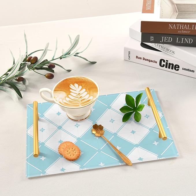 Bathroom Vanity Tray Counter Organizer, Check Blue White Decorative Tray with Handles Countertop Storage for Bathroom Bedroom Kitchen Home Farmhouse