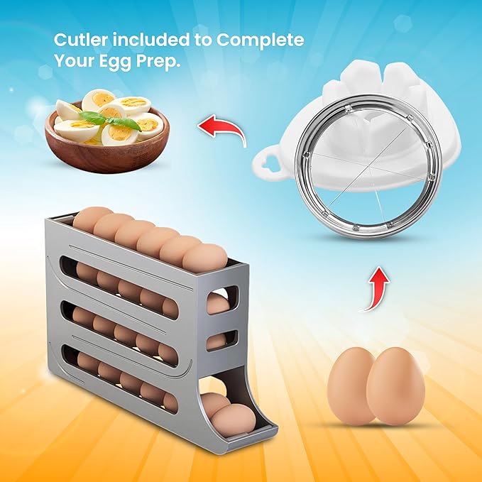 ZAYLAN Egg Holder for Fridge, Auto Rolling Egg Roller/Dispenser/Organizer/Storage Container, Space-Saving 4-Tier Egg Tray for 28 Eggs, Refrigerator, Kitchen & Countertop with Flower Egg Cutter (Gray)