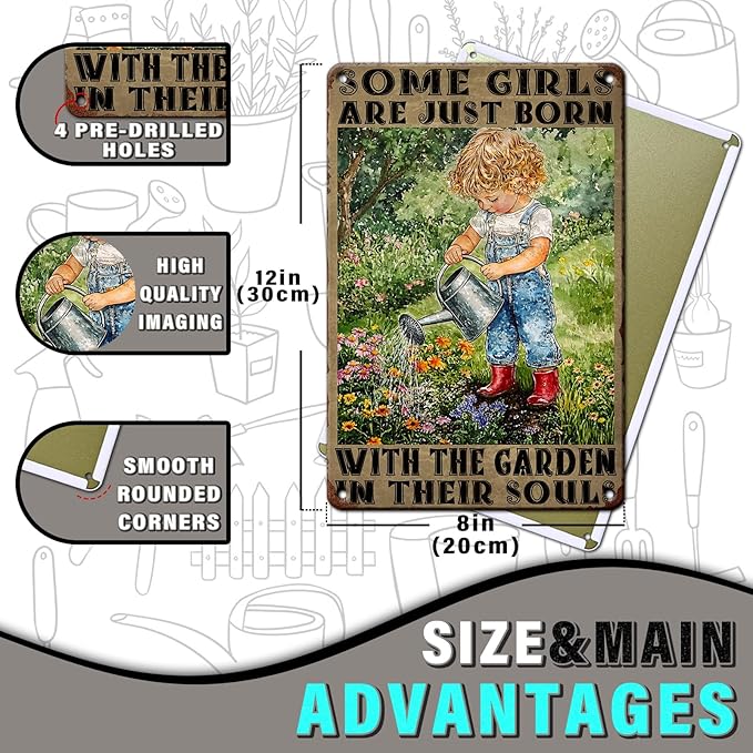 PEACHGARDEN Garden Signs for Outside Some Girls Are Just Born with The Garden Metal Tin Sign Vintage Outdoor Decor for Yard Patio Shed 8x12inch