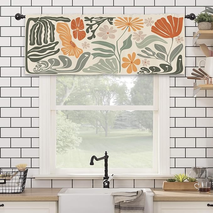 Colorful Abstract Flower Kitchen Curtain Valance 54W x 18L Inch Minimalist Matisse Funky Groovy Art Aesthetic Spring Rod Pocket Short Cafe Small Window Treatment Drapes Decor