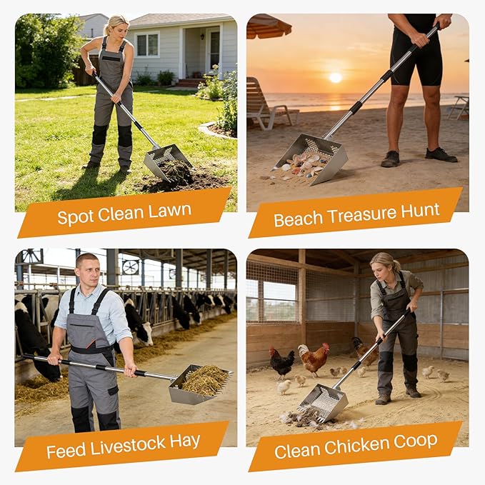 Chicken Poop Scooper & Rake 2-in-1,Stainless Steel Shovel Head Chicken Coop Scoop with 22 to 63" Adjustable Handle,Sifting Litter Shovel Scoop for Chicken Coop/Goat Stall/Stable Cleaning
