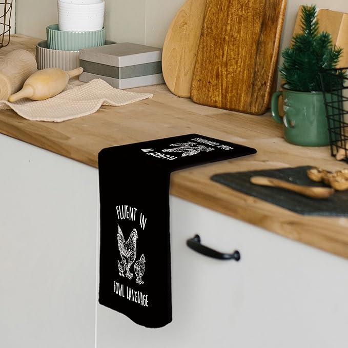 Funny Chicken Kitchen Dish Towels 16x24 Inch, Black Crazy Chicken Gifts for Chicken Lover Chicken Mom, Fluent in Fowl Language Decorative Hand Towels Tea Towels for Farmhouse Home