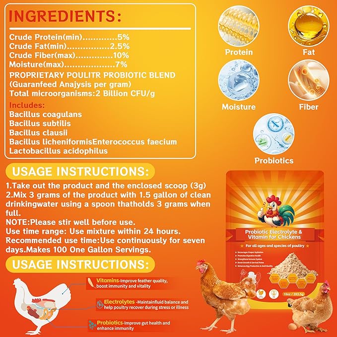 Probiotic + Electrolyte Powder for Chickens, Natural Hydration & Gut Support, Helps Digestive Health, Egg Production