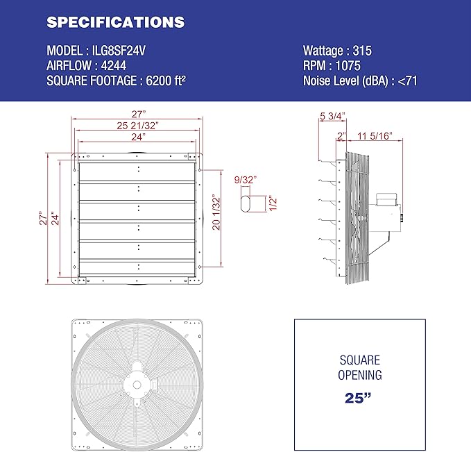 iLiving - 24" Wall Mounted Exhaust Fan - Automatic Shutter - Variable Speed - Vent Fan For Home Attic, Shed, or Garage Ventilation, 4244 CFM, 6200 SQF Coverage Area (Power Cord Not Included)