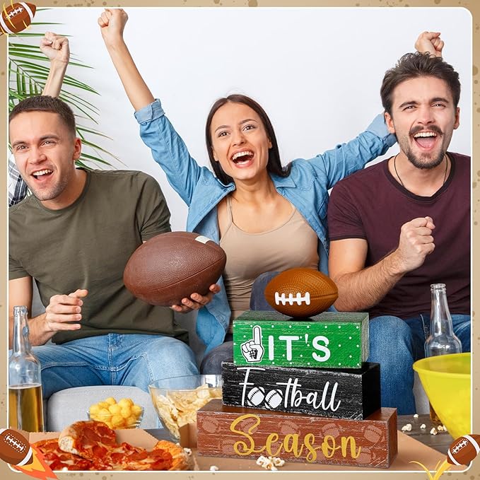 Geelin 4 Pcs Football Table Decorations Football Tiered Tray Decor Wooden Sign Centerpiece Decorative Faux Stack Book Block for Coffee Table Fireplace Mantel Floating Shelf