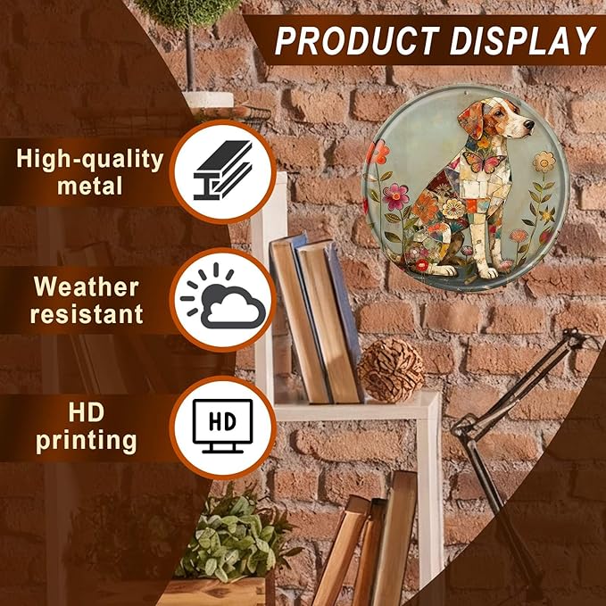 Dog Round Metal Tin Sign Wreath Farm Flowers Rustic Vintage Wall Art Decor for Home Garden Porch Yard Farmhouse Outdoor Decor 8x8inch