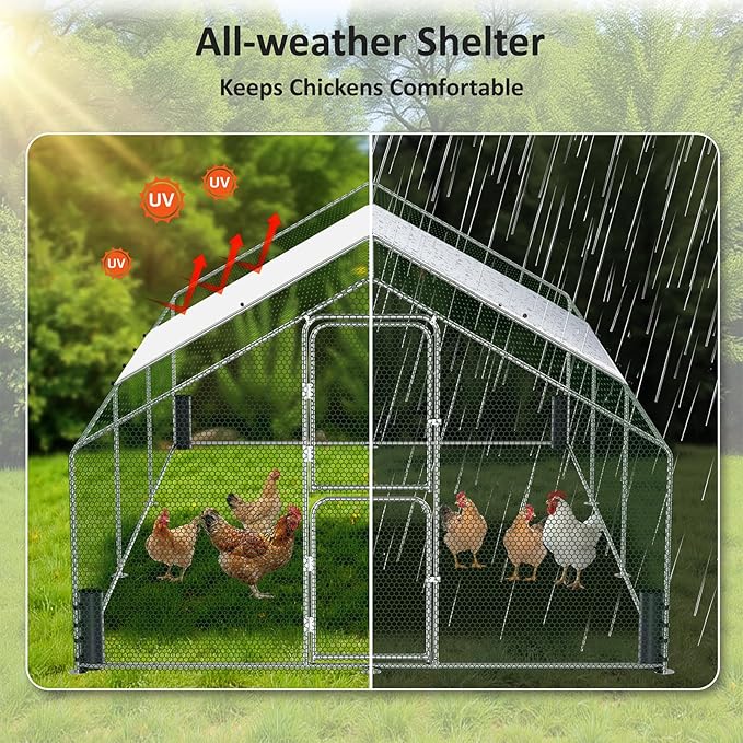 Large Metal Chicken Coop, Walk-in Chicken Run with Feeding Door, Security Lock and Cover, Outdoor Duck/Rabbit Cage Poultry Pen for Backyard, Farm, Yard (Silver - Spire Roof, 19.7 x 9.8 x 6.5 FT)