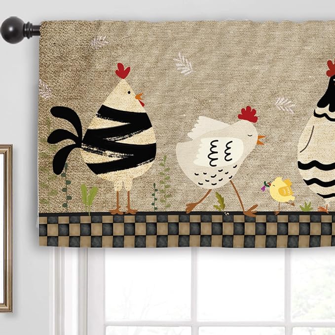 Miyotaa Rooster Farmhouse Kitchen Curtain Valance 54W x 18H Rod Pocket Rustic Farm Chicken Rural Country Plaid Window Treatment for Living Room Bedroom Bathroom Laundry