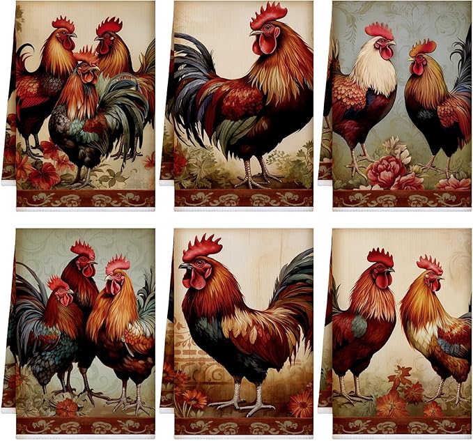Bencailor 6 Pcs Farmhouse Kitchen Towels Chicken Rooster Kitchen Decor Farm Animal Hand Towels for Cooking Baking Housewarming Gift,15.75 x 23.62 inch(Rust Red,Retro Rooster)