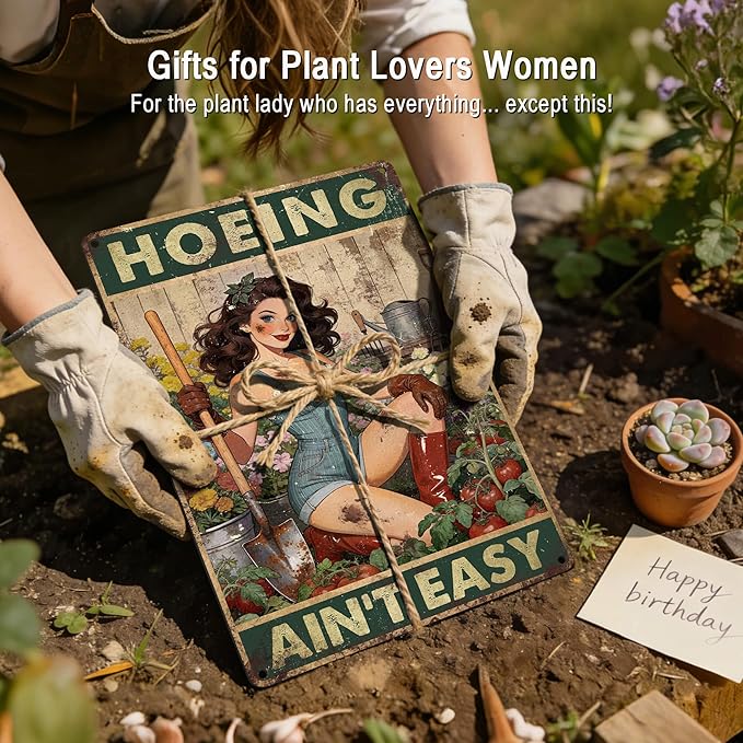 Funny Garden Signs for Outside Garden Decor Wall Art - Gardening Gifts for Women Plant Lovers Gardeners Green House Decor, Hoeing Ain't Easy Sign 12x8 Inch