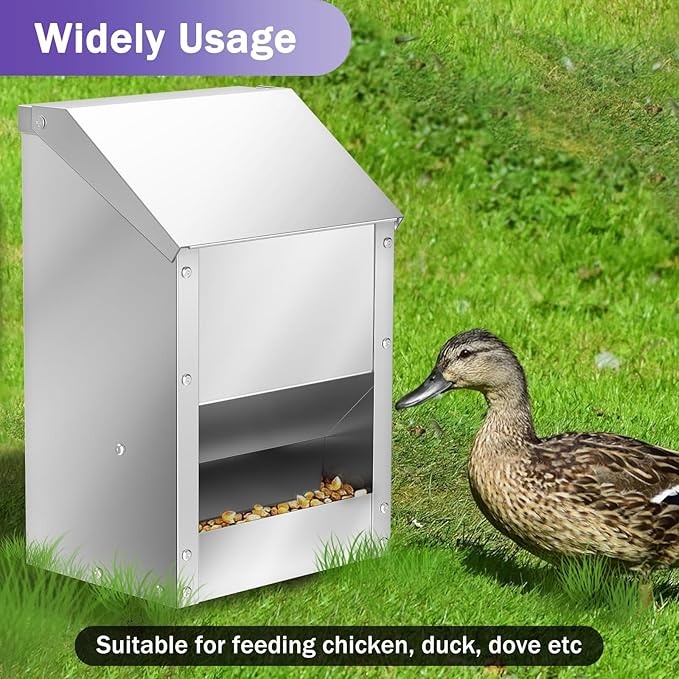 Stainless Steel Chicken Feeders 12 Lbs No Waste Poultry Feeder with Lid Weatherproof Metal Hanging Chicken Feeder, Coop Food Dispenser No Waste for Chicken & Duck