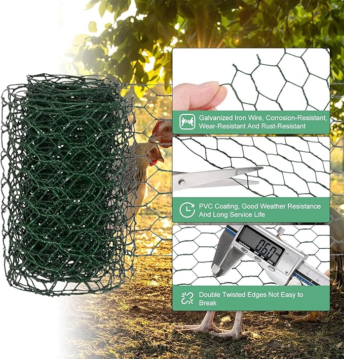 Chicken Wire for Floral Arrangements, 4 x 118 in Galvanized Iron Hexagonal PVC Coated for Crafts/Poultry/Garden, Chicken Wire Netting Fence Mesh [Green]