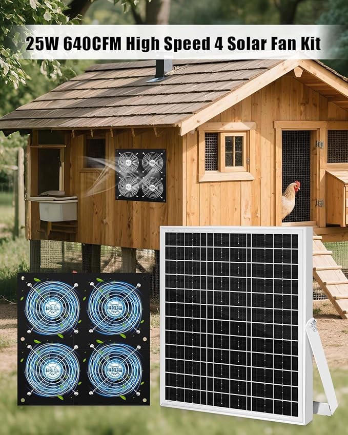 Solar Exhaust Fan for Chicken Coop with 25W Solar Panel & 4-Pack High-Speed Brushless DC Fans, Solar Powerd Shed Ventilation Fan for Chicken Coops, Greenhouses, Sheds, Pet Houses