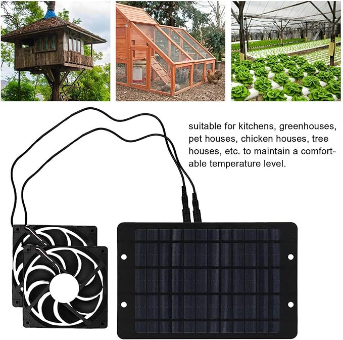 Solar Powered Fan, Solar Panel Fan Kit with 2 Fans, Solar Panel and Cable, Solar Powered Exhaust Ventilation Fan for Chicken Coop, Greenhouse, Shed, Pet House