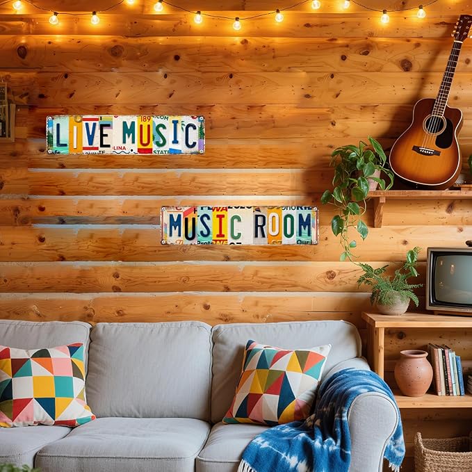 2Pcs Vintage Music Room Sign Decor Musical Metal Tin Sign 4 X 16 Inches Street Signs Live Music Posters for Room Home Bar Studio Coffee Wall Decor Gifts for Musicians