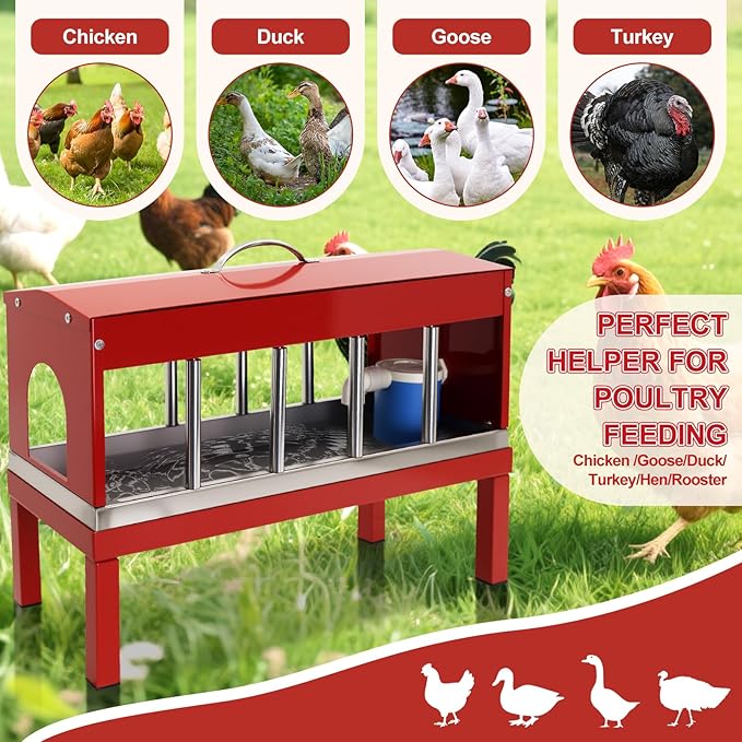 Automatic Chicken Waterer 11 Windows Stainless Steel Detachable with Bracket Large Metal， Chicken Water Feeder Dispenser for Poultry Duck,Goose,Chicken with Float Valve Kit,Hose