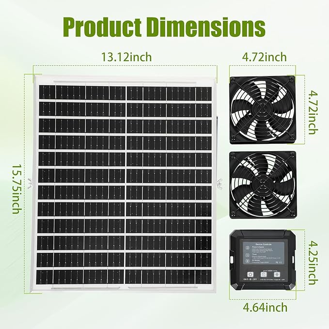 25W Solar Fan for Chicken Coop with Battery and 2000mAh Battery, 3 Smart Modes, 4.7" Dual Fans, Solar Shed Fan & Solar Exhaust Fan for Greenhouse, Dog House, Attic & Outdoor Cooling