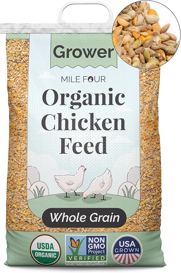 Mile Four Organic Chicken Feed (23 lbs) Grower Whole Grain, Non-GMO, USA Grown, 18% Protein, Corn-Free, Soy-Free, Non-Medicated Feed for Chickens