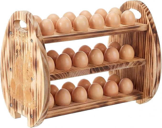Egg Holder Countertop, 3 Tier /36 Hole Wooden Fresh Egg Storage Holder, Wood Collecting Tray Racks Engraved Farm Panel Rustic Farmhouse Organizer with Handle for Kitchen Easter Display Store